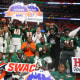 Dec 16, 2023; Atlanta, GA, USA; Florida A&M Rattlers players celebrate after a victory against the Howard Bison in the Celebration Bowl at Mercedes-Benz Stadium.